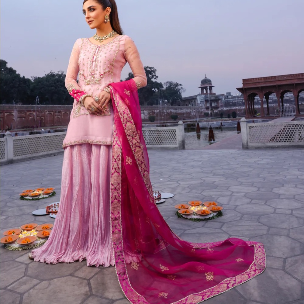 New Pakistani suit from Maya Pret a Porter. Color customized to yellow and pink.